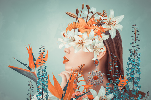 Collage de arte abstracto de mujer joven con flores photo
