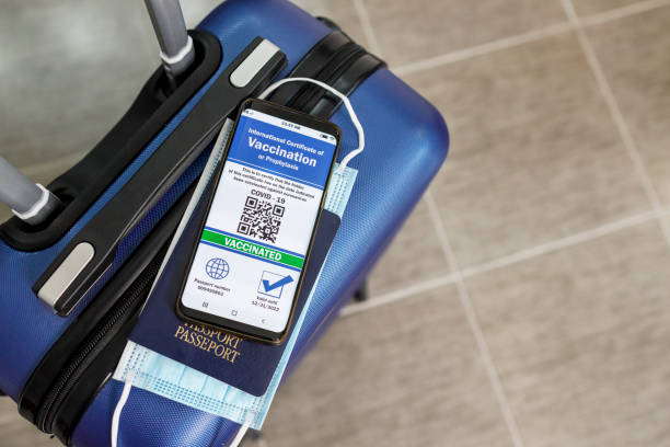 istock Passport with a mask and smart phone with Vaccination certificate placed o na suitcase 1353183993