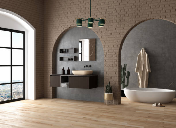 Minimalist brown bathroom with  concrete and brick wall background in modern house. stock photo