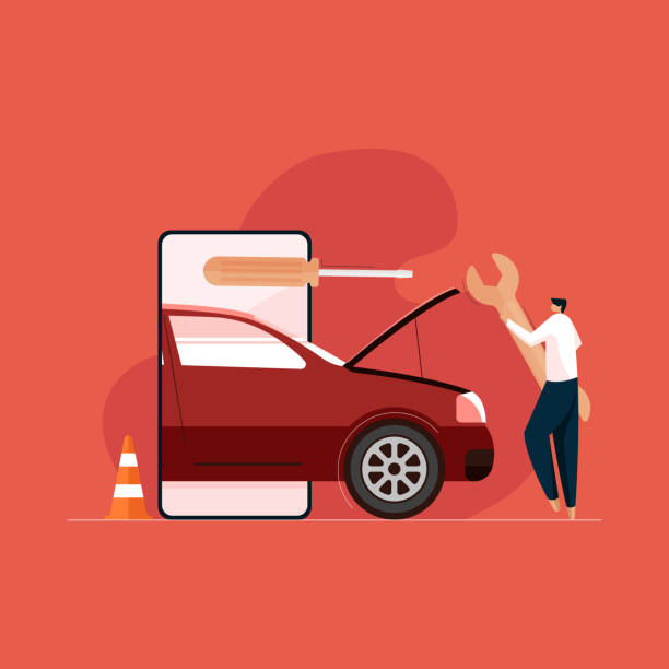 ilustraciones, imágenes clip art, dibujos animados e iconos de stock de aplicación profesional de mantenimiento y servicio de automóviles, concepto de aplicación de reparación de automóviles - repair shop illustrations