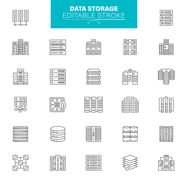 illustrazioni stock, clip art, cartoni animati e icone di tendenza di icone di archiviazione dei dati. il set contiene icone come tecnologia, database, data center, archivio - data center network server storage room