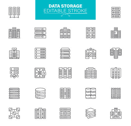 Data Server icon set. The set contains icons: Hosting,  Security, Internet, Network Server. Pixel perfect. Editable stroke