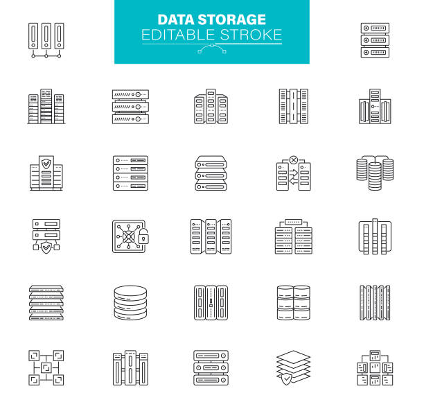 Data Storage Icons. The set contains icons as technology, database, data center, archive vector art illustration