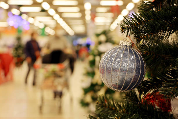 Christmas sale, New Year decorations in a supermarket stock photo