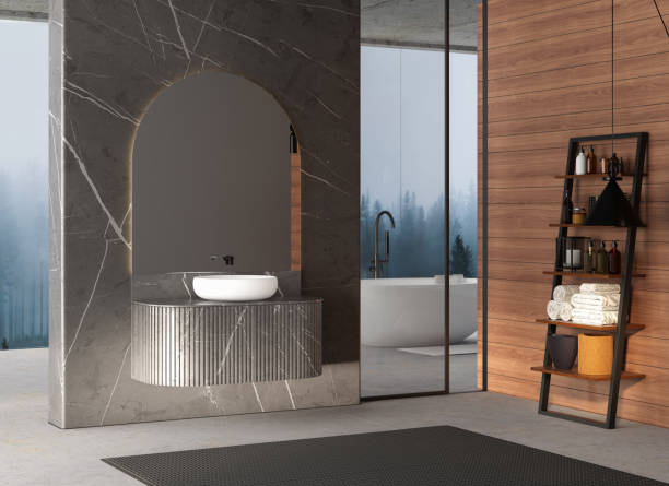 istock Modern  luxury empty bathroom, dark marble background walls. 1353186833