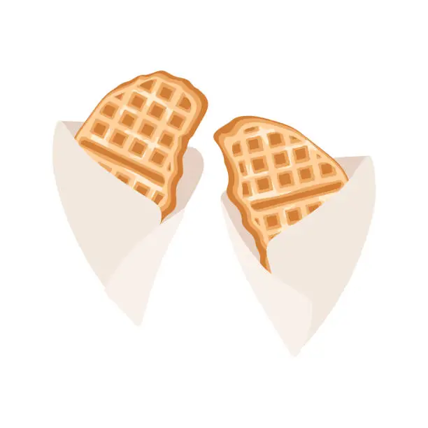 Vector illustration of Waffle in craft package. Croffle set in paper. Takeaway food.