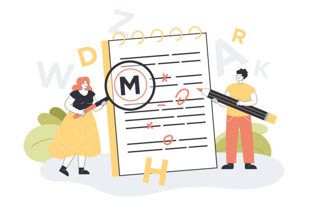 Tiny woman showing grammar and punctuation errors Tiny woman showing grammar and punctuation errors using magnifier and man correcting them. Editing and correction job in school or college flat vector illustration. Proofreading, teaching concept proof reading documents stock illustrations