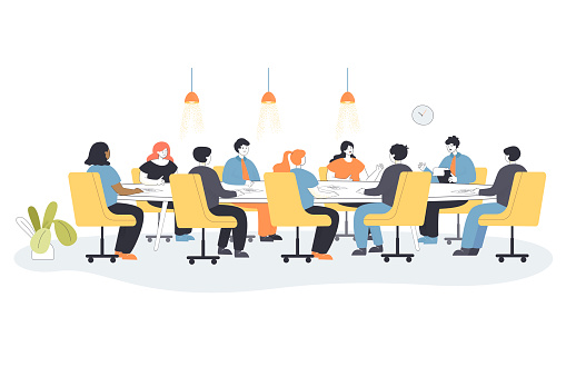 Men and women sitting on chairs at round table in office boardroom. Board, leader and CEO having big talk about business strategy flat vector illustration. Team work, corporate culture concept