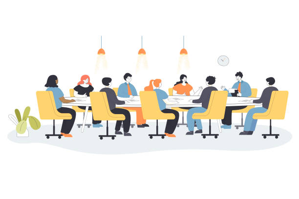 Men and women sitting on chairs at round table in office Men and women sitting on chairs at round table in office boardroom. Board, leader and CEO having big talk about business strategy flat vector illustration. Team work, corporate culture concept giant fictional character stock illustrations