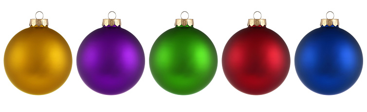 Christmas balls isolated on white background. Happy New Year baubles bombs bulbs colorful decoration. Multicolored Glass balls. Poster, banner, brochure design for christmas tree.