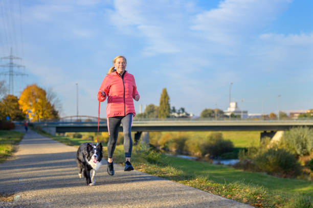 istock Fit athletic woman running with her Border Collie along footpath 1353189257