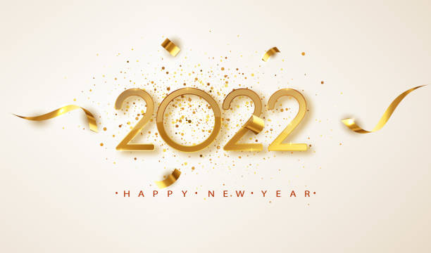 ilustrações de stock, clip art, desenhos animados e ícones de happy new year 2022. golden numbers with ribbons and confetti on a white background. banner for christmas and winter holiday headers, party flyers - colors streamer backgrounds congratulating