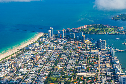 aerial of town and beach of Miami Beach, Florida, USA