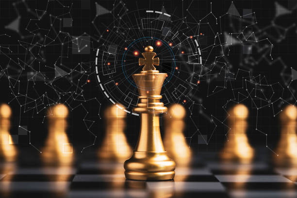 istock Golden king chess encounter with gold chess enemy on dark background and connection line for strategy idea and futuristic concept 1353192065