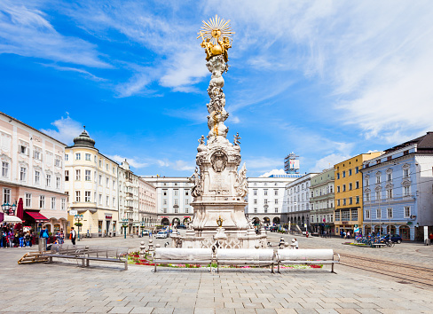 LINZ, AUSTRIA - MAY 15, 2017: Holy Trinity column on the Hauptplatz or main square in the centre of Linz, Austria. Linz is the third largest city of Austria.