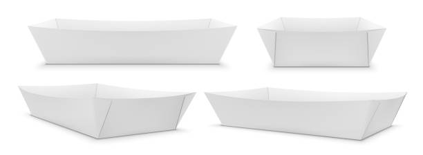 Blank empty paper universal tray for hot dog, sandwich or other fastfood. Set of various mockup views. Vector isolated realistic template illustration. Blank empty paper universal tray for hot dog, sandwich or other fastfood. Set of various mockup views for design presentation. Vector realistic packaging template illustration isolated on white background. hot dog box stock illustrations