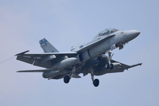 United States Marines McDonnell Douglas (now Boeing) F/A-18D Hornet multirole fighter from VMFA(AW)-225 "Vikings". Kanagawa, Japan - August 01, 2015:United States Marines McDonnell Douglas (now Boeing) F/A-18D Hornet multirole fighter belonging to the VMFA(AW)-225 "Vikings" during landing approach to the NAF Atsugi. fa 18 hornet stock pictures, royalty-free photos & images