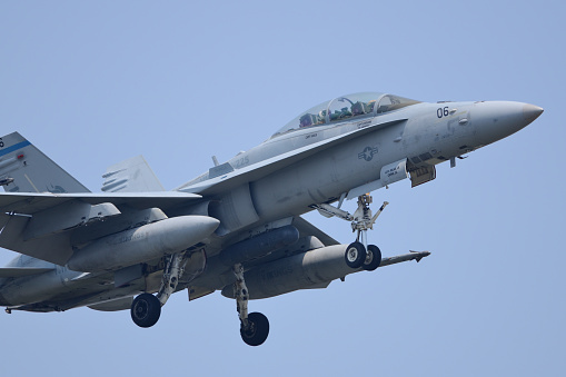 Kanagawa, Japan - August 01, 2015:United States Marines McDonnell Douglas (now Boeing) F/A-18D Hornet multirole fighter belonging to the VMFA(AW)-225 \