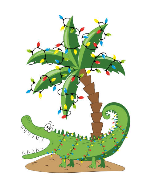 illustrations, cliparts, dessins animés et icônes de drôle d’alligator de dessin animé sur une île avec un palmier chrsitmas et des guirlandes. - christmas palm tree island christmas lights