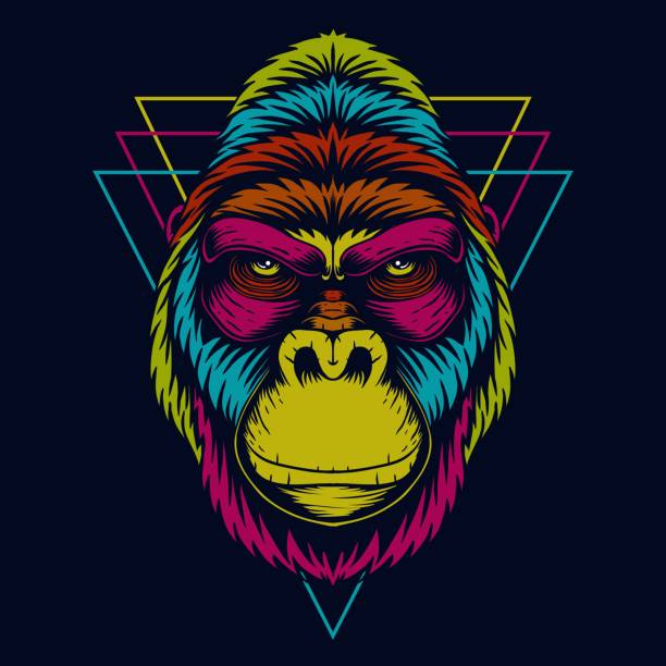 ilustraciones, imágenes clip art, dibujos animados e iconos de stock de ilustración vectorial colorida de cabeza de gorila - primate