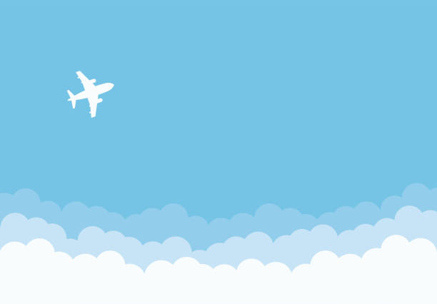 Blue sky with plane flying background. Creative carton border of clouds with airplane. Blue sky with plane flying background. Creative carton border of clouds with airplane. Airy atmosphere stylish design. Travel concept. Vector illustration. airport backgrounds stock illustrations