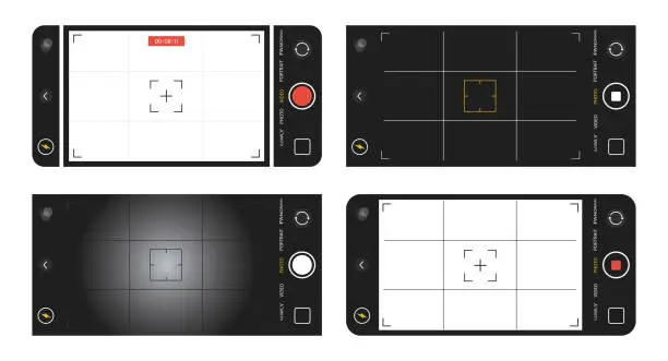 Vector illustration of Photo camera in phone screen interface. Photography and video smartphone frame.