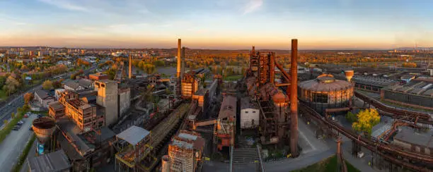 A panorama picture of the Lower Vítkovice industrial complex at sunset.