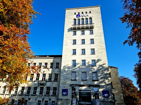Axa Winterthur Headquarters. The Company was founded in 1875 as Winterthur Versicherungen. In 2006 The Company was incorporated to Axa Company. In Switzerland are working arround 4'300 employees for the company. The image was captured during autumn season.
