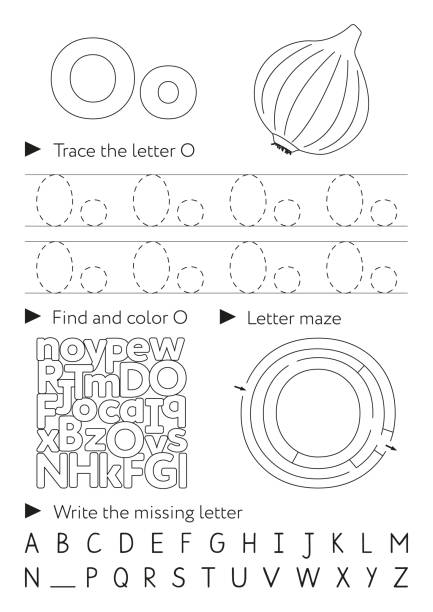 illustrations, cliparts, dessins animés et icônes de cahier d’écriture manuscrite pour les enfants. feuilles de travail pour l’apprentissage des lettres. livre d’activités pour les enfants. pages éducatives en noir et blanc pour le préscolaire. lettre o - child alphabetical order writing alphabet