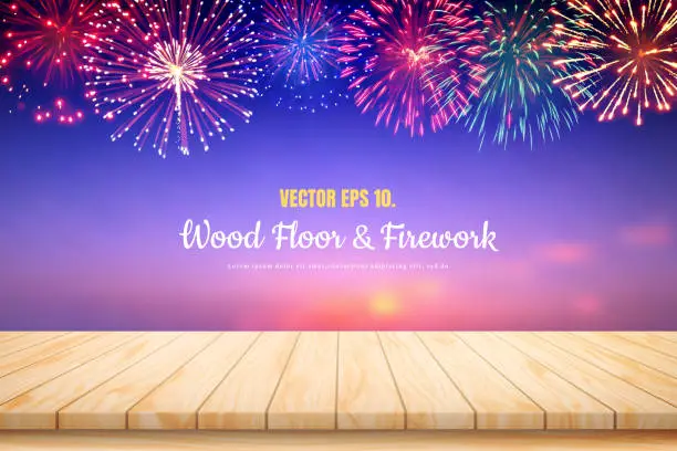 Vector illustration of Illustration Vector Wood table floor and Amazing Beautiful firework on sky clouds blurred background for celebration anniversary merry christmas eve and happy new year