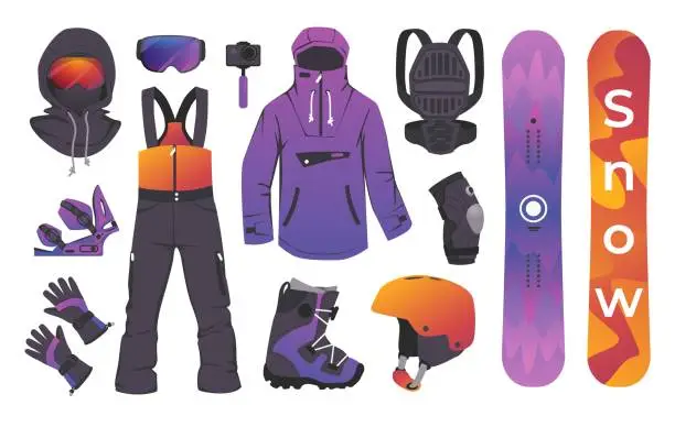 Vector illustration of 2109.m30.i320.n002.S.c15.730943680 Winter sport kit. Ski equipment and clothes for winter activity, bindings boots helmet goggle backpack travel set. Vector extreme mountain sport collection