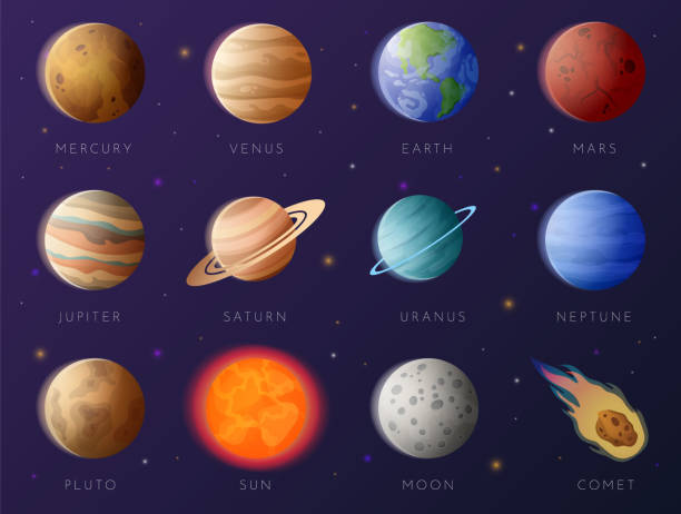 Planets collection. Solar system elements. Galaxy exploration. Astronomy research. Earth with Moon. Mercury Venus and Mars. Jupiter Saturn Uranus Neptune and Pluto. Vector space set Planets collection. Cartoon Solar system elements. Galaxy exploration. Astronomy research. Earth with Moon. Isolated Mercury Venus and Mars. Jupiter Saturn Uranus Neptune and Pluto. Vector space set venus planet stock illustrations