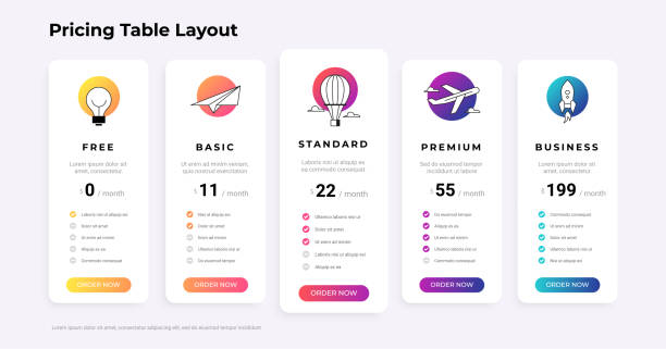 가격 표입니다. 제품 비교 차트 목록입니다. 체크리스트와 가격 비교의 열광고 배너. 비즈니스 호스트 태그 템플릿입니다. 프로모션 주문 인포그래픽. 벡터 웹 레이아웃 - 가격 stock illustrations
