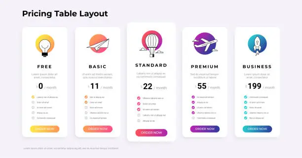 Vector illustration of Pricing table. Products comparison chart list. Advertising banner with columns of checklist and price compare. Business host tags template. Promotion order infographic. Vector web layout