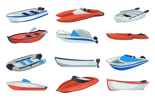 Wooden boats. Cartoon small ships for river and lake sailing. Motor travel and fishing vessel without passenger. Empty inflatable rubber motorboat. Isolated rowboat mockup. Vector water transport set