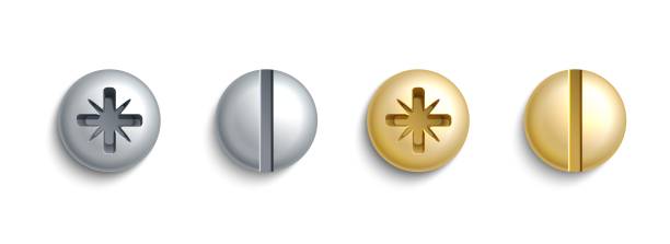 Metal screw head. Realistic bolts with line or cross carving. Isolated hardware template. Silver and bronze fasteners. Build or repair tools. Construction rivet. Vector metallic buttons set Metal screw head. Realistic bolt caps with line or cross carving. Isolated hardware template. Silver and bronze fasteners. Build or repair tools. Construction glossy rivet. Vector metallic buttons set nail cross stock illustrations