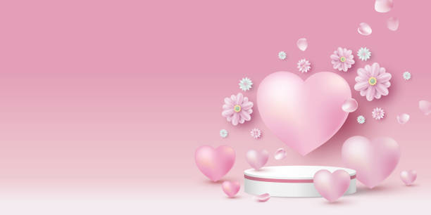 istock Blank white product podium and hearts with flowers on pink background 3D vector illustration 1353209464
