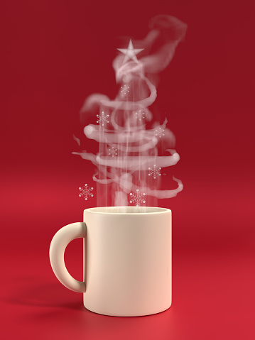 New Year or Chinese new year greeting card with Christmas tree made by smoke coming out from hot tea or coffee cup on red . New year, Christmas and Chinese New Year concept. Easy to crop for all your social media or print sizes.