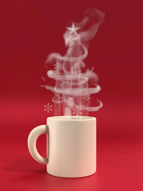 Photo of New Year Greeting Card with Christmas Tree Made By Smoke of A Cup of Hot Coffee or Tea Against Red Background