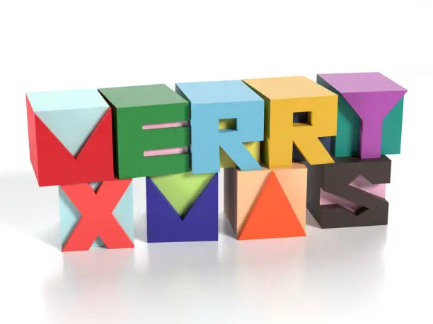 Toy blocks are crating Merry Xmas title Christmas celebration message in a modern design on white background. New year, Christmas, Travel  and Chinese New Year concept. Easy to crop for all your social media or print sizes.
