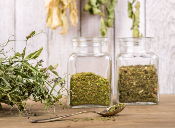 istock Herbal tea and dried herbs or medicine in jars with spoon 1353212065