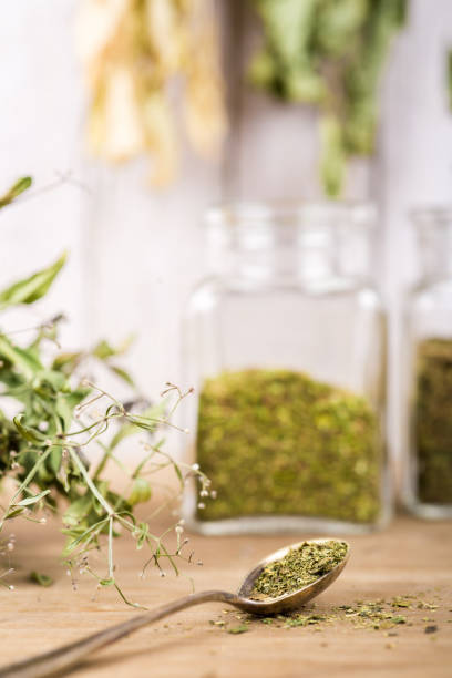 chá de ervas e ervas secas ou remédios em potes com colher - chinese medicine nutritional supplement herb pill - fotografias e filmes do acervo