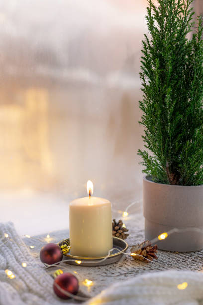 istock Potted Christmas tree with decorations and lights 1353213012