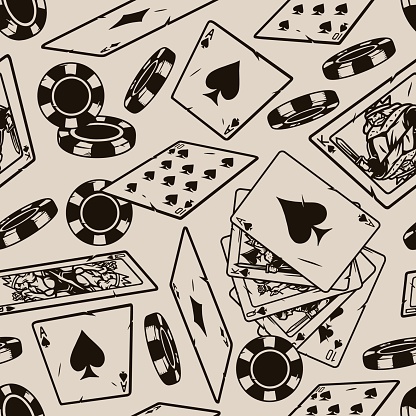 Gambling monochrome vintage seamless pattern with royal flush of spades poker hand falling playing cards and casino chips vector illustration