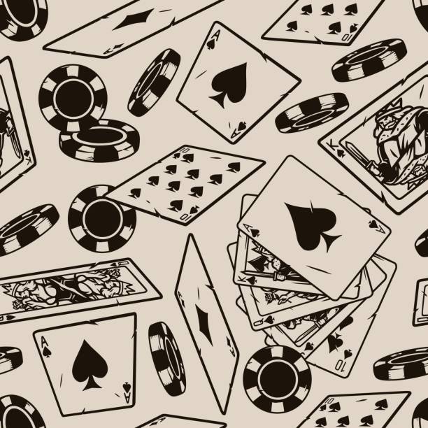 Gambling monochrome vintage seamless pattern Gambling monochrome vintage seamless pattern with royal flush of spades poker hand falling playing cards and casino chips vector illustration vintage poker chips stock illustrations