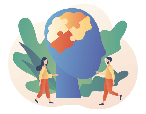 istock Human heads puzzle. Knowledge, psychology, memory, logic. Mutual understanding. Mental health. Business, teamwork concept. Modern flat cartoon style. Vector illustration on white background 1353214515