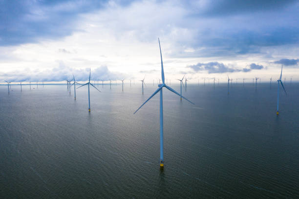 Aerial view, Enormous windmills stand in the sea along a dutch sea.
Fryslân wind farm, the largest inland wind farm in the world. Friesland, Afsluitdiijk, Breezanddijk, Netherlands Drone photography of the Fryslân wind farm in the Frisian part of the IJsselmeer, near the dike. The offshore wind farm is completely located in the IJsselmeer. offshore wind farm stock pictures, royalty-free photos & images