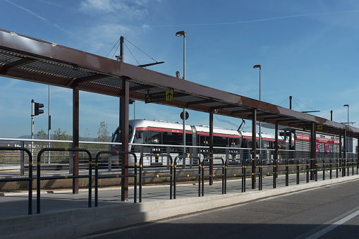 Florence, Italy - October 29, 2021: Florentine tramway station at the Florence Airport (IATA: FLR, ICAO: LIRQ), also known as Firenze-Peretola \