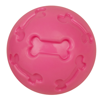 This is a pink ball for dog with bones for chewing.