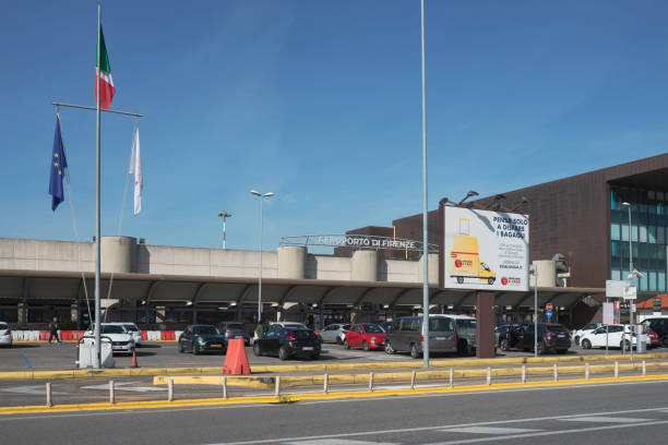 Main entrance to the Florence Airport "Amerigo Vespucci", Tuscany, Italy Florence, Italy - October 29, 2021:  the Florence Airport (IATA: FLR, ICAO: LIRQ), also known as Firenze-Peretola "Amerigo Vespucci" Airport, is the international airport of the city of Florence, the capital of the Italian region of Tuscany. It is the second-busiest Tuscan airport in terms of passengers after Pisa International Airport. florence italy airport stock pictures, royalty-free photos & images